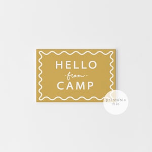 Cartões postais amarelos de acampamento para imprimir para crianças, papelaria faça você mesmo para acampamento de verão, download instantâneo de cartão de saudação do acampamento
