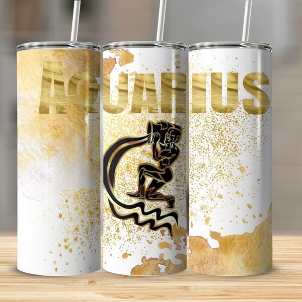 Aquarius Zodiac Sign Golden Tumbler Wrap, Sublimation Water Element Design, Astrological Digital Download