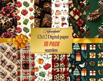 Christmas Digital Paper Pack, Seamless Holiday Patterns, Christmas Gift Wrap Designs, Printable Christmas Backgrounds