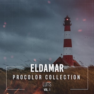 Puede incluir: Un faro rojo y blanco a rayas se alza alto contra un cielo nublado. El texto "ELDAMAR PROCOLOR COLLECTION LUTS VOL. 1" se muestra en letras blancas sobre un fondo negro.