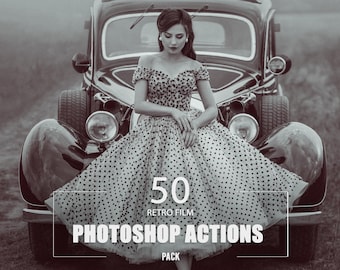May include: A black and white photograph of a woman in a polka dot dress sitting on the bonnet of a vintage car. The text "50 Retro Film Photoshop Actions Pack" is printed on the image.
