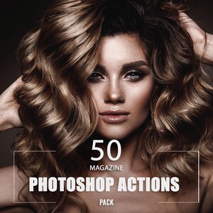 Może przedstawiać: Kobieta z falowanymi, jasnobrązowymi włosami, trzymająca ręce w górze. Obraz zawiera tekst "50 MAGAZINE PHOTOSHOP ACTIONS PACK". Kobieta ma jasną skórę i patrzy w kamerę.