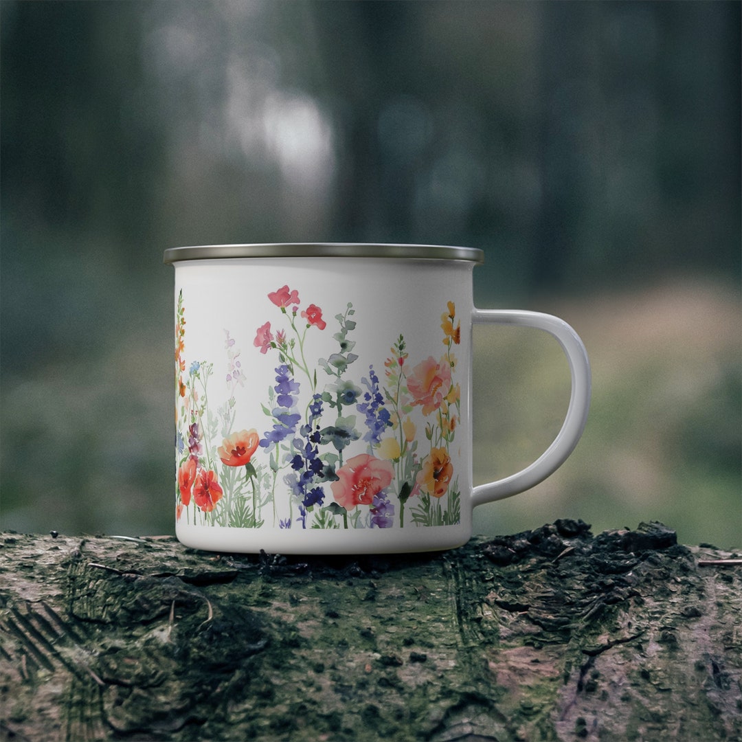 Wildflower Cottagecore Enamel Camping Mug, Boho Watercolor Flowers Mug ...
