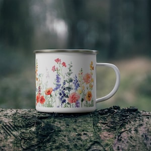 Wildflower Cottagecore Enamel Camping Mug, Boho Watercolor Flowers Mug, Flower Garden Lover Gift, Camping Gift, Outdoors Gift For Her