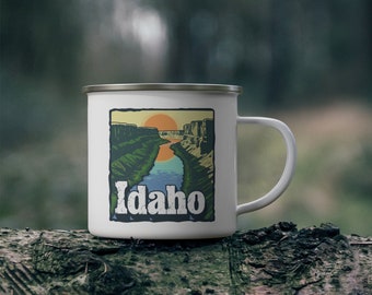 Taza de camping esmaltada de Idaho, diseño retro del estado, diseño de Idaho con colores vintage