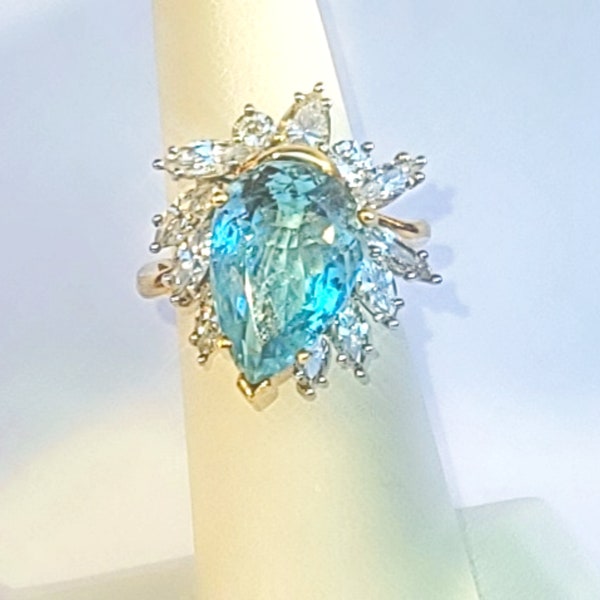 8.42 ct. Pear-Cut Aquamarine & 2.1 CTTW Diamond Cocktail Ring, 18K Yellow Gold