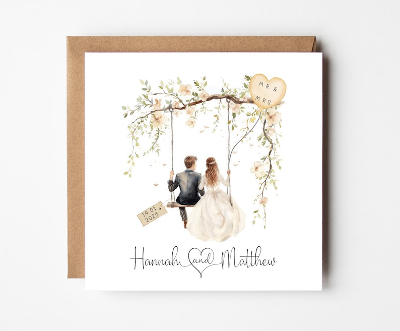 May include: A wedding invitation card with a watercolor illustration of a couple sitting on a swing adorned with white flowers. The text "Mr & Mrs" is on a heart-shaped tag hanging from the swing. The date "14.01.2025" is on a tag hanging from the swing. The text "Hannah and Matthew" is at the bottom of the card.