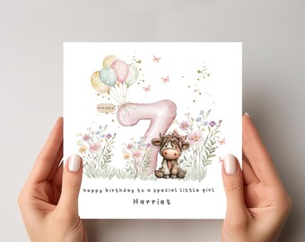 Personalised Girls 7th Birthday Card – Highland Cow - For Daughter-Granddaughter-Niece