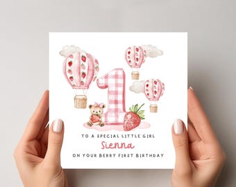 Personalised Girls 1st Birthday Card: Strawberry Hot Air Balloons