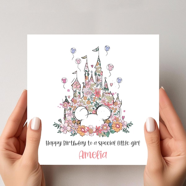 Personalised Birthday Card: Floral Mickey Mouse Castle for Granddaughter, Niece, Daughter