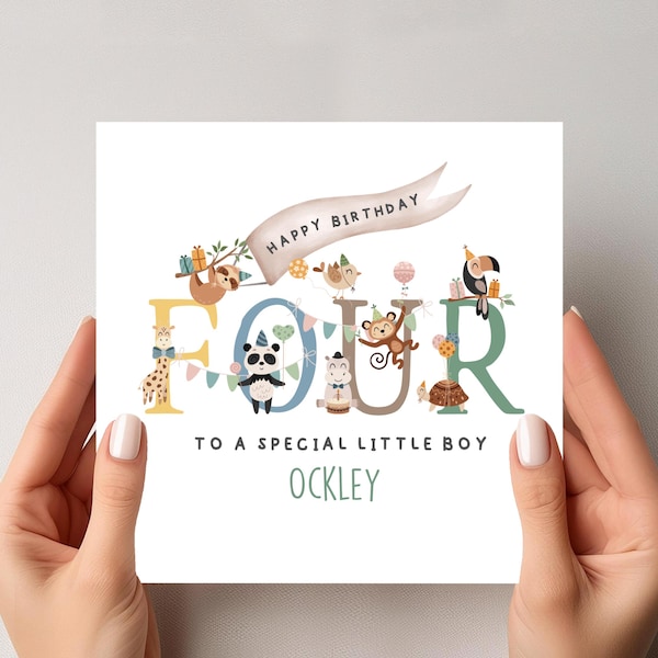 Personalised Boys 4th Birthday Card: Safari Animals, Zoo Theme -