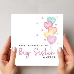 Personalized Big Sister Birthday Card: Pastel Heart Balloons