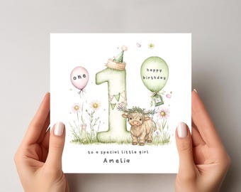 May include: A watercolor birthday card featuring a large number one with a party hat, a Highland cow, and two balloons. The pink balloon says "one," and the green balloon says "happy birthday." Text at the bottom reads "to a special little girl Amelia."
