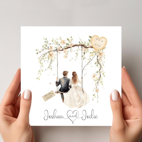 Personalised Wedding Day Card: Rustic Garden Swing Design