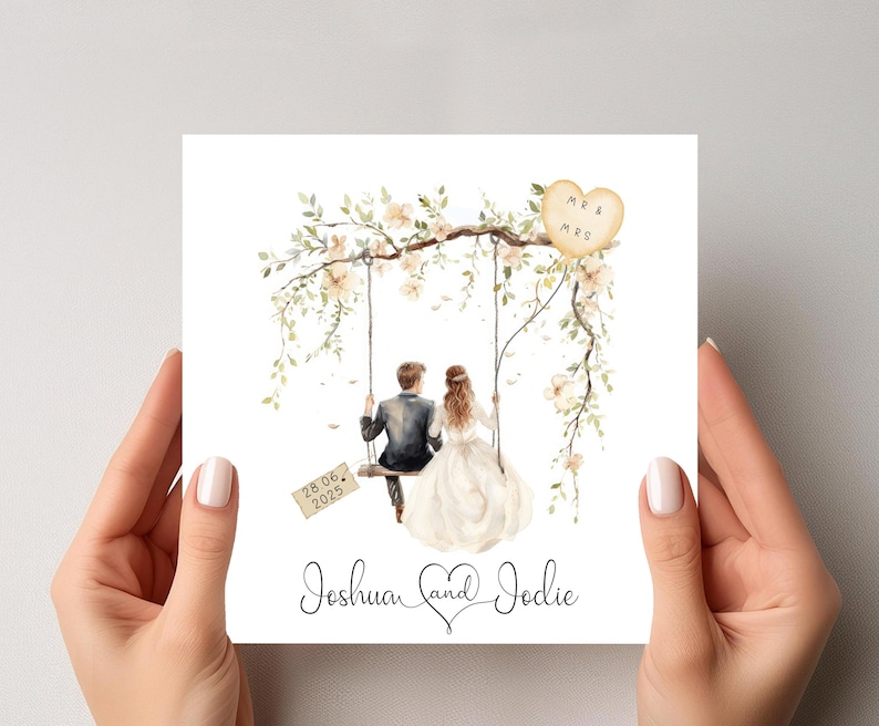 Personalised Wedding Day Card: Rustic Garden Swing Design image 1