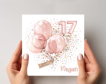 Personalized 17th Birthday Card: Blush Pink Balloons