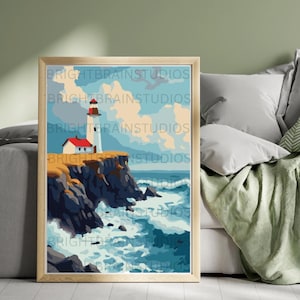 Coastal Lighthouse Digital Art Print, Nautical Wall Decor, Ocean Coastal Poster, Printable Lighthouse PDF, Beach House Wall Art Download
