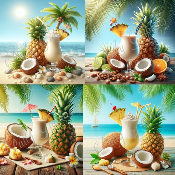 Beautiful Pina Colada Cocktail Tropical Fruits On The Beach Clip Art 4 Digital 2048x2048 JPEG Images