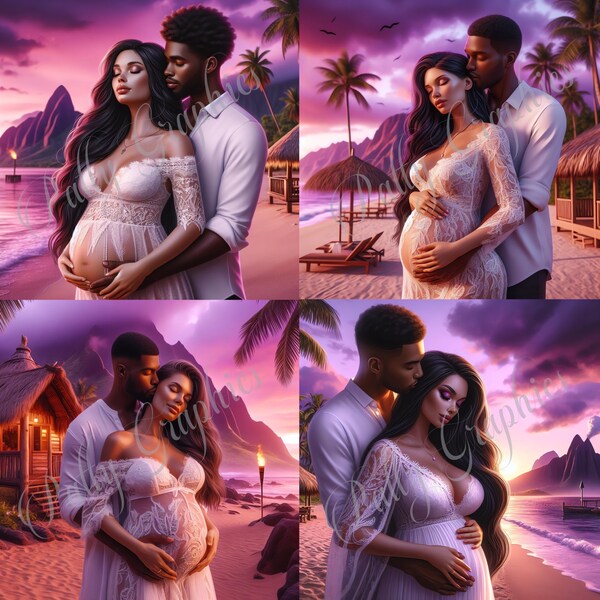 Beautiful Interracial Couple Pregnant Caucasian Woman African American Man On The Beach At Sunset Clipart 4 Digital 2048x2048 JPEG Images