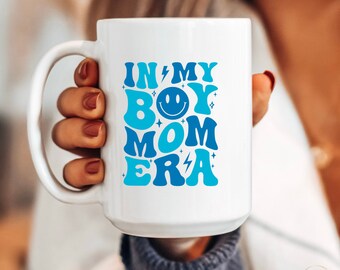 Customized Retro In My Boy Mom Era Blue Smiley Face Coffee Mug, Trendy, Tea Cup, New Mom, Baby Shower Gift, Her Pregnancy, Year 2024