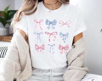 Coquette Pink Blue Bows Shirt, Ribbon Tshirt, Girly Top, Crew Neck Clothing, Aesthetics T-Shirt, Soft Girl Era T Shirt, Bow Shirts, Women's
