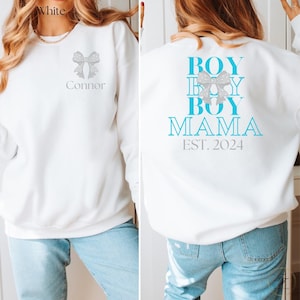 Sudadera de cuello redondo con lazo y coqueta para mamá, top para mamá primeriza, regalo para baby shower, fiesta de revelación de género, ropa de embarazo
