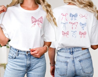 Coquette Pink Blue Bows Shirt, Ribbon Tshirt, Girly Top, Crew Neck Clothing, Aesthetics T-Shirt, Soft Girl Era T Shirt, Bow Shirts, Women's