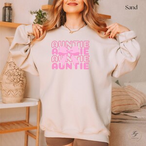 Sudadera Coquette Pink Bow Auntie, Suéter suave de la era de niña, Cumpleaños, Regalo para ella, Carta del equipo universitario, Cuello redondo para mujer, Revelación de embarazo