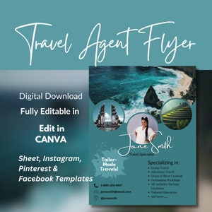 Plantilla de volante de presentación para agentes de viajes, publicaciones de Instagram y Facebook para agencias de viajes, marketing para agencias de viajes, edición en Canva