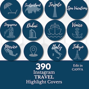 Travel Instagram Highlight Cover, Travel Highlight Cover Bundle, Countries, Cities and General Travel Highlight Covers, Black and Light Blue