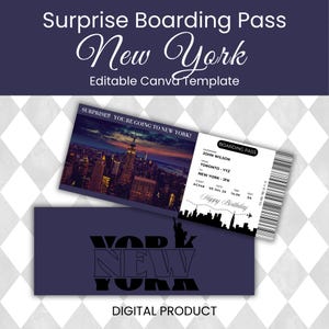 Modèle de carte d'embarquement pour voyage surprise à New York, faux billet d'avion pour un cadeau, modèle DIY modifiable sur Canva, cadeau pour agent de voyage