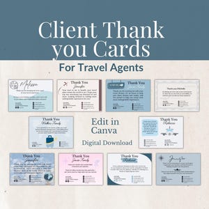 Tarjeta de agradecimiento para clientes de agencias de viajes, plantilla de Canva editable, descarga digital