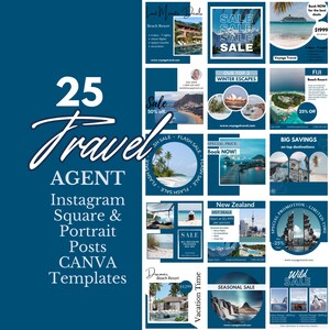 以下が含まれることがあります： 旅行代理店向けのInstagram投稿テンプレート25個のコラージュ。テンプレートには、熱帯の目的地、冬の逃避行、その他の旅行関連のテーマの画像が掲載されています。テンプレートのテキストには、「Last Minute Deals」、「Sale」、「Flash Sale」、「Special Price」、「Book Now」、「Big Savings」、「Hot Deals」、「Seasonal Sale」、「Wild Sale」などのフレーズが含まれています。