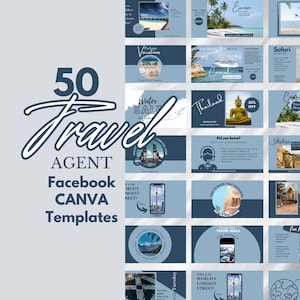 May include: A collection of 50 blue and white travel agent Facebook and Canva templates. The templates feature images of travel destinations, cruise ships, and landmarks. The text on the templates includes phrases like "Package Vacations", "Winter Sale", "Escape", "Safari", "Thailand", "Did you know?", "Time to book that vacation", "Travel Deals", "What is the world's longest street?", and "Can you guess what day it is?"