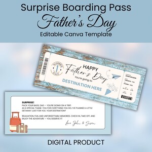Modèle de carte d'embarquement pour un voyage surprise, faux billet d'avion pour la fête des pères, modèle DIY, montage sur Canva, cadeau pour agent de voyage
