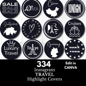 May include: Set of 12 black and white Instagram highlight covers with travel destinations and themes.  The covers include: Sale, Osaka, China, London, Switzerland, Honeymoon, Paris, Cruises, Luxury Travel, Tokyo, Germany, and New York.