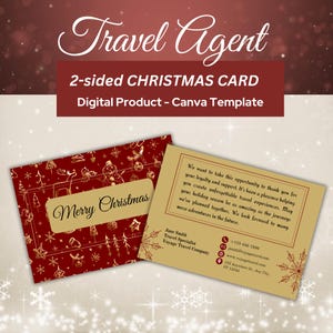 May include: A two-sided Christmas card template for a travel agent. The card features a red and gold design with the text "Merry Christmas" on one side and a thank you message on the other. The template is a digital product.