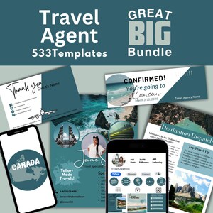 Travel Agent Template Bundle, Social Media Content, Email Header & Signatures, Thank you cards, Newsletters, Introduction Flyer and more