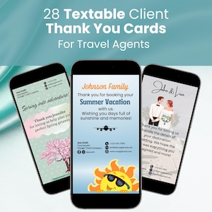 Può includere: Tre mockup di schermate di telefoni cellulari che mostrano diverse cartoline di ringraziamento per le agenzie di viaggio. La prima cartolina presenta un tema primaverile rosa e verde con un ciliegio in fiore e il testo "Spring into adventure!" La seconda cartolina presenta un tema estivo con un sole giallo che indossa occhiali da sole e il testo "Johnson Family Thank you for booking your Summer Vacation with us. Wishing you days full of sunshine and memories!" La terza cartolina presenta un tema di matrimonio con una sposa e uno sposo e il testo "John & Lisa Thank you for letting us handle the details of your destination wedding. We hope the wedding was everything you imagined and more!"