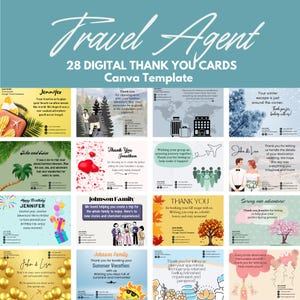 Biglietto di ringraziamento digitale per agente di viaggio, biglietti di ringraziamento per occasioni speciali per i clienti dell'agente di viaggio, modello Canva modificabile