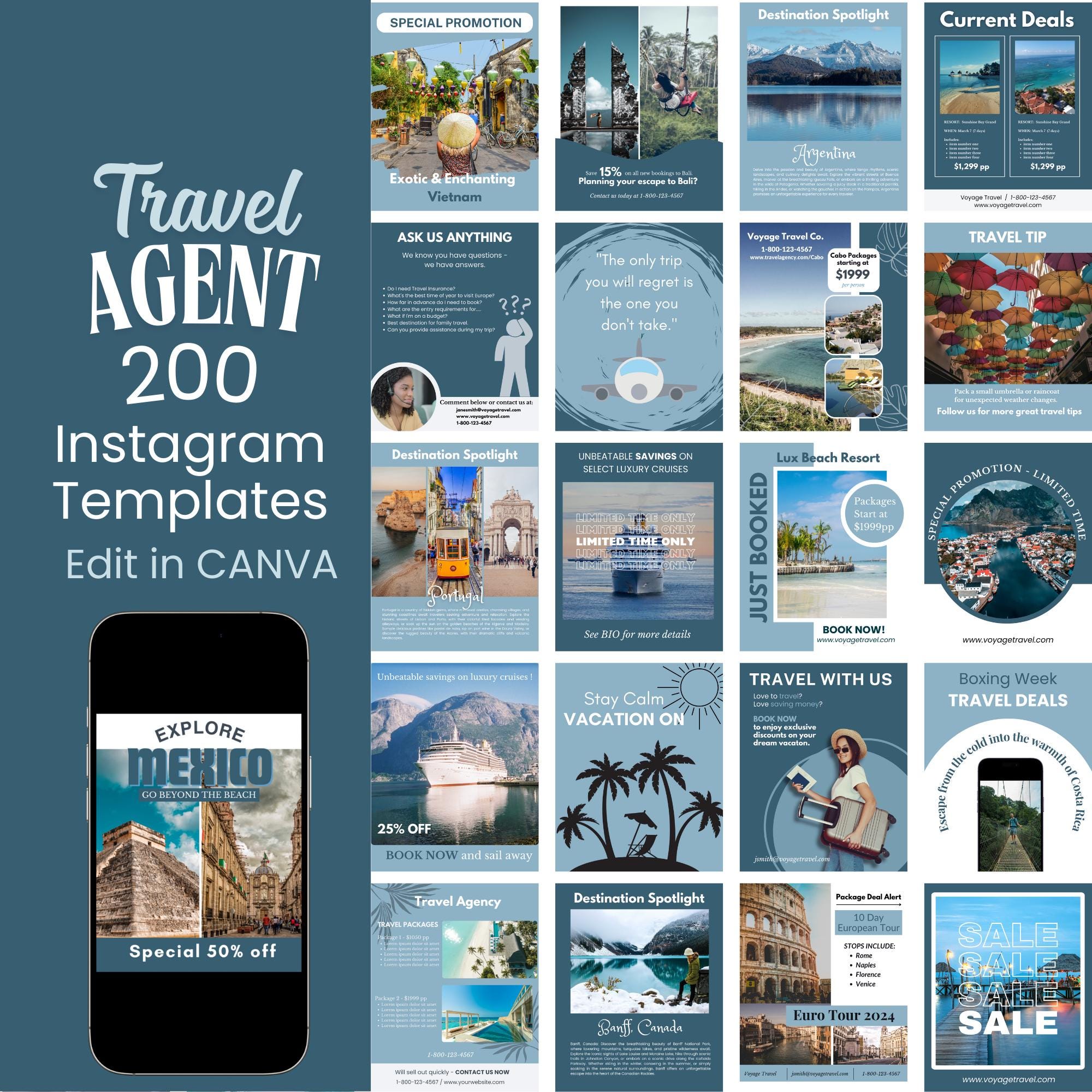 Travel Agent Instagram Posts Template Bundle, Travel Blogger Social ...