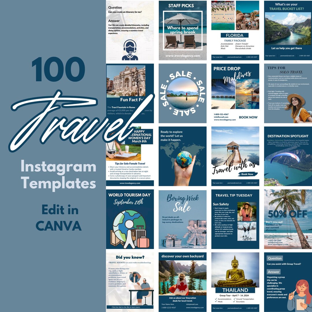 Travel Agent Instagram Posts, Editable Canva Template - Etsy