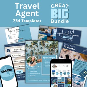 Travel Agent Template Bundle, Social Media Content, Email Header & Signatures, Thank you cards, Newsletters, Introduction Flyer and more