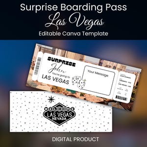 Modèle de carte d'embarquement pour voyage surprise, faux billet d'avion pour Las Vegas à offrir en cadeau, modèle DIY modifiable sur Canva, cadeau pour agent de voyage