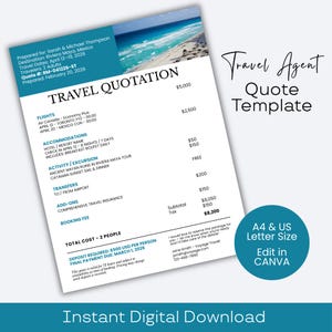 Reisbureaucitaat bewerkbare canvassjabloon Canva | Resort- en vakantiepakket klant Offerte | Directe digitale download