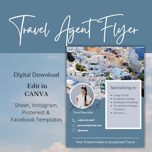 Plantilla de volante de presentación para agentes de viajes, publicaciones de Instagram y Facebook para agencias de viajes, marketing para agencias de viajes, edición en Canva