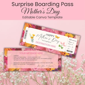 Modèle modifiable de carte d'embarquement pour un voyage surprise, faux billet d'avion pour la fête des mères, modèle DIY modifiable sur Canva gratuit