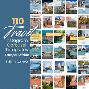 May include: A collage of 110 Instagram carousel templates for travel in Europe. The templates feature images of popular European destinations, including Prague, Vienna, Hallstatt, Oslo, and Iceland. The text "110 Travel Instagram Carousel Templates Europe Edition Edit in CANVA" is displayed on the image.