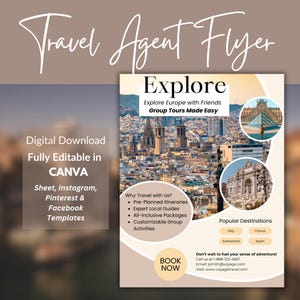 Plantilla de volante para agencia de viajes, publicaciones de Instagram y Facebook para agencias de viajes, marketing para empresas de viajes, volante de paquete de viaje, edición en Canva