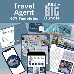 Travel Agent Template Bundle, Social Media Content, Email Header & Signatures, Thank you cards, Newsletters, Introduction Flyer and more